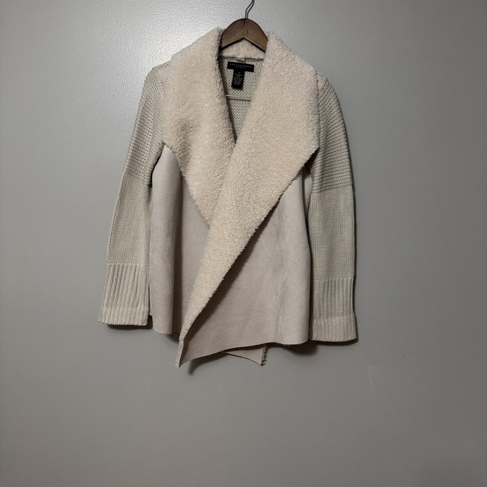 Grace Elements Womens Faux Suede & Knit Cardigan Jacket Sherpa Collar Cream 1X